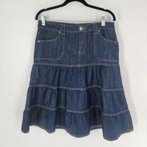 Baccini Women Denim Jean Skirt Size 8 Blue Ruffle Pockets Zip Front Knee Length